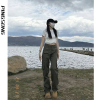 高腰直筒休閒褲女2023新款夏美式多口袋伐木工裝褲寬鬆顯瘦闊腿褲