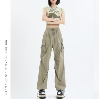 速乾工裝褲女夏季薄款美式抽繩束腳登山運動褲冰絲防曬垂感闊腿褲