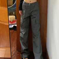 美式深灰色工裝褲女夏薄款2023新款高腰顯瘦寬鬆休閒多口袋闊腿褲