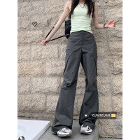 kumikumi美式灰色休閒褲工裝褲女夏季高腰直筒褲寬鬆闊腿褲長褲子