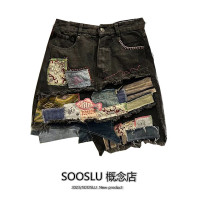 SOOSLU 刺繡潮牌辣妹高腰百搭a字裙女夏季新款牛仔半身裙做舊灰色