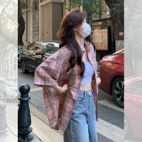 粉色格子短袖襯衫女夏季美式復古小個子外穿薄款撞色防曬襯衫外套