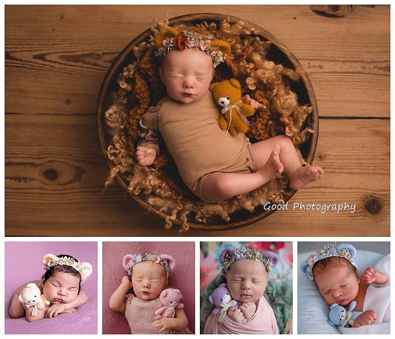 1 Set Newborn Photography Props Bear Toys Baby Photo Shoot Flower Headband Full Moon Baby Shooting Decoration