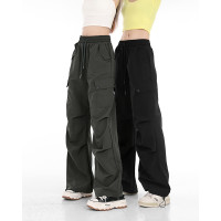 賽小懶美式工裝褲女夏季2023新款高腰純色抽繩寬鬆直筒拖地闊腿褲