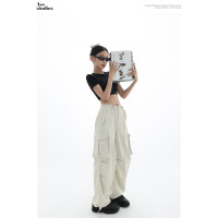 Acestudios 抽繩闊腿工裝褲女2023春夏高街寬鬆薄款垂感低腰長褲