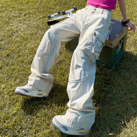 apocket美式復古多巴胺工裝褲女ins小眾設計感多口袋寬鬆長褲子潮