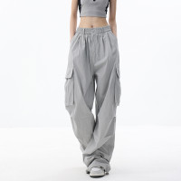 KENH2023年夏季新款大口袋美式闊腿工裝褲女薄款寬鬆雅痞感拖地褲