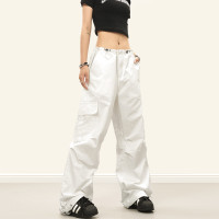 0123Start 歐美街頭辣妹多口袋工裝褲中性白色闊腿顯瘦休閒長褲女