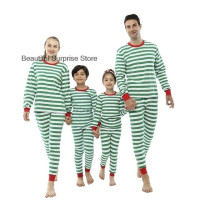 Пижама для матери, отца, мальчиков и девочек, 100% хлопок, Повседневная Пижама, зеленый костюм, семейный мультяшный Рождественский комплект в полоску, семейная одежда