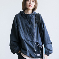 日系登山連帽寬鬆戶外衝鋒外套男女潮牌春秋復古機能純色套頭夾克