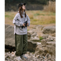 日系多口袋薄款休閒長褲男女款同款潮牌軍綠色寬鬆直筒抽繩工裝褲