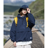 山系戶外復古半拉鍊衝鋒衣男女生春秋cityboy藏青色工裝連帽夾克