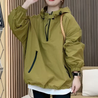 潮牌純色拉鍊連帽衝鋒衣套頭外套女春秋爆款高級減齡防曬寬鬆上衣