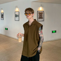 cuibuju 夏季無袖T恤男韓版寬鬆簡約休閒墊肩設計polo衫背心潮流