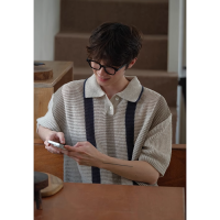 韓版鏤空網眼撞色條紋POLO衫男夏季潮流寬鬆設計感休閒針織上衣服