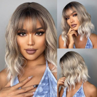 Blobde Ombre Short Bob Synthetic Wavy Wig with Bangs Shoulder Length Wigs for Women Natural Cosplay Hair Heat Resistant