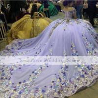 Сиреневое бальное платье с открытыми плечами, платья для Quinceanera, платье с 3D аппликацией, женское длинное платье для выпусквечерние вечера, платье принцессы для женщин