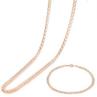 Мужской и женский набор из гладкого браслета и ожерелья и цепочек цвета настоящего розового золота 4 мм