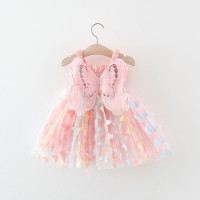 Детское платье розового цвета с подтяжками и трехмерными крыльями ангела, платья для девочек, одежда принцессы, Милая юбка-пачка на день рождения