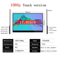 Портативный сенсорный монитор 17,3 дюйма, 1080p, FHD, Type-C, USB, HDMI