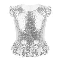 Детский Костюм Русалки для девочек, блестящие футболки с короткими рукавами с рюшами и блестками, топы для танцев, выступлений, карнавала, дня рождения