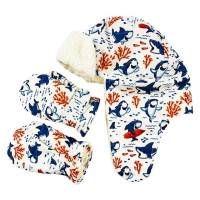 Детская зимняя теплая шапка-охотник и рукавицы, комплект из 2 предметов, водонепроницаемая плюшевая шапка-ушанка с мультяшным принтом животных, высокое качество