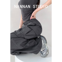 張小奈力推速乾直筒工裝褲女夏季拽妹褶皺機能口袋寬鬆闊腿紙袋褲