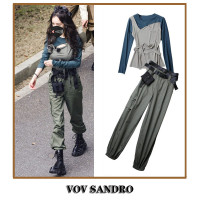 大冪冪同款軍綠色工裝褲休閒長褲女小眾設計感束口褲子