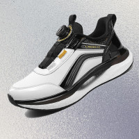 潮牌男鞋夏季皮面運動鞋男旋轉鈕釦免系鞋帶防水防滑軟底跑步鞋男