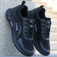 男鞋2023夏季新款軟底跑步休閒鞋黑色真皮男士防水百搭韓版運動鞋