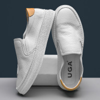 男鞋夏季透氣真皮鞋子一腳蹬懶人樂福鞋軟底板鞋小白鞋男士休閒鞋