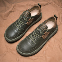 歐洲站休閒皮鞋男單鞋真皮寬頭板鞋軟底真皮男鞋2023新款春季潮鞋