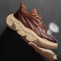 頭層牛皮歐洲站男鞋夏季透氣軟底真皮厚底增高老爹鞋男運動休閒鞋