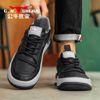 公牛世家男鞋夏季透氣厚底運動小眾溶解休閒皮鞋真皮黑色鏤空板鞋