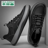 木林森男鞋秋季2023新款軟麵真皮厚底寬頭低幫鞋子運動休閒皮鞋男