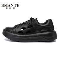 夏季潮流輕便軟底洞洞休閒鞋男真皮鏤空透氣厚底旅遊鞋鬆糕增高鞋