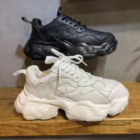 2023春秋防滑厚底增高ins超火老爹鞋真皮男全黑色真皮運動休閒鞋