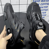 莆田男鞋夏季透氣網面休閒旋轉鈕釦氣墊跑步鞋潮牌增高黑色運動鞋