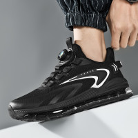 夏季新款透氣飛織網面運動鞋男旋轉鈕釦免系鞋帶氣墊軟底跑步鞋男