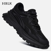HBLK男鞋秋季透氣2023新款鞋子男休閒男士網面厚底增高黑色運動鞋