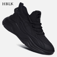 HBLK男鞋秋季運動鞋網面透氣薄款厚底百搭黑色男士增高鞋子休閒鞋