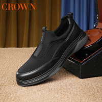 CROWN/皇冠休閒皮鞋春秋季透氣緩震軟底時尚一腳蹬樂福鞋真皮男鞋