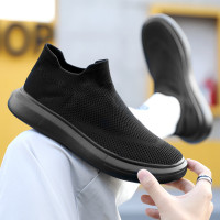 45無鞋帶男鞋新款46男士黑色運動休閒鞋一腳蹬大尺碼飛織懶人襪子鞋