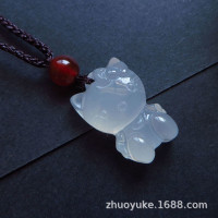 直播供应天然白玉髓机器猫KT猫吊坠 冰白玉髓小猫咪玉石玉器批发