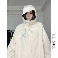 國潮硬殼衝鋒衣外套女春秋2023新款山系戶外機能風防水夾克連帽衫