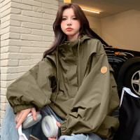 美式復古軍綠色衝鋒衣外套戶外防風國潮機能風工裝夾克美式騎行服