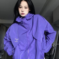 美式復古高領拉鍊紫色衝鋒衣女秋冬新款國潮ins寬鬆休閒夾克外套