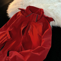 美式機能衝鋒衣女2023新款春秋款大紅色工裝外套三合一登山防曬衣