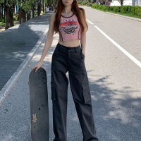 美式復古工裝褲女夏天2023新款顯瘦潮流直筒褲高腰秋季闊腿休閒褲