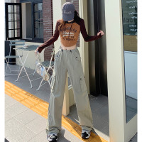 溫姍美式辣妹速乾冰絲高腰工裝褲夏抽繩設計寬鬆闊腿百搭休閒長褲